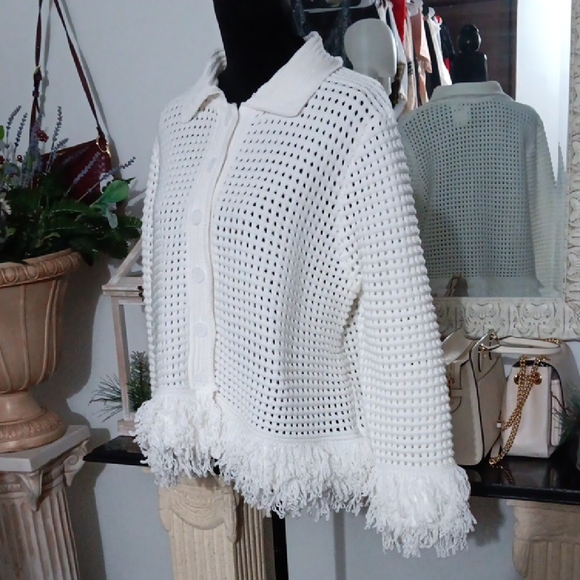 Nordstrom White Button-Up Fringe Cardigan - Picture 2 of 5